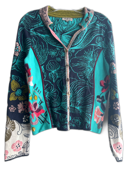 Ivko Size 38 Blue, Green, Multi Cotton Embroidered Floral Print Cardigan Sweater Blue, Green, Multi / 38