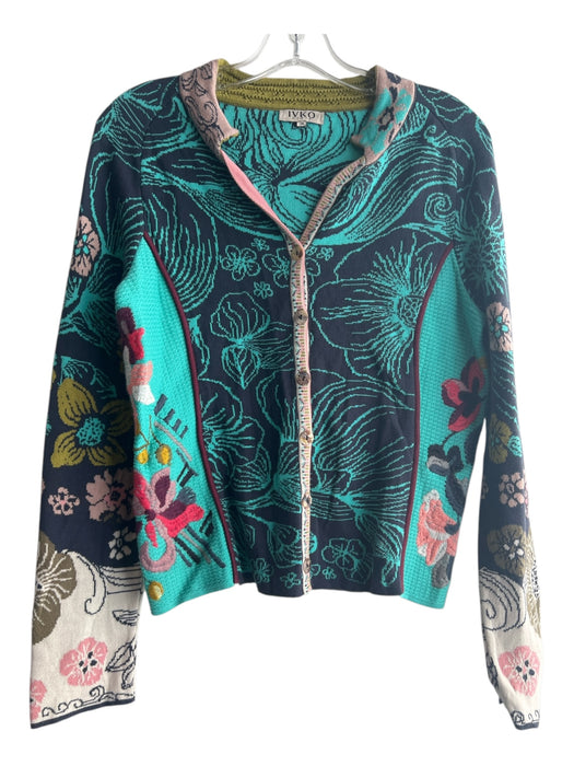Ivko Size 38 Blue, Green, Multi Cotton Embroidered Floral Print Cardigan Sweater Blue, Green, Multi / 38