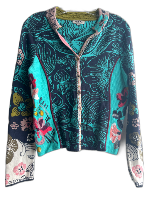 Ivko Size 38 Blue, Green, Multi Cotton Embroidered Floral Print Cardigan Sweater Blue, Green, Multi / 38
