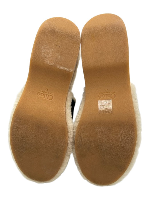 Chloe Shoe Size 40 Black & Cream Suede Shearling Wood Platform Round Toe Mules Black & Cream / 40