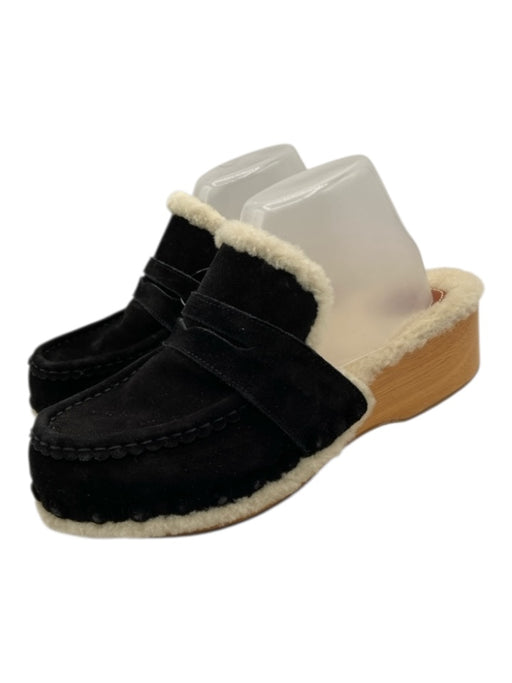 Chloe Shoe Size 40 Black & Cream Suede Shearling Wood Platform Round Toe Mules Black & Cream / 40