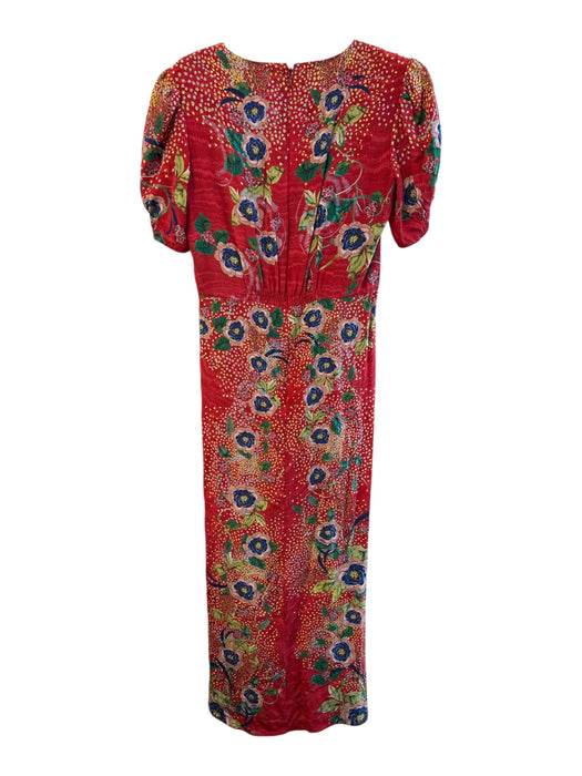 Saloni Size 8 Red & Multi Silk Floral V Neck Back Zip Front Buttons Dress Red & Multi / 8