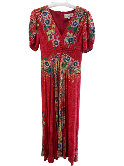 Saloni Size 8 Red & Multi Silk Floral V Neck Back Zip Front Buttons Dress Red & Multi / 8