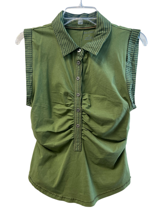Pilcro Size Medium Green Cotton Blend Sleeveless Collared Ruched Buttons Top Green / Medium
