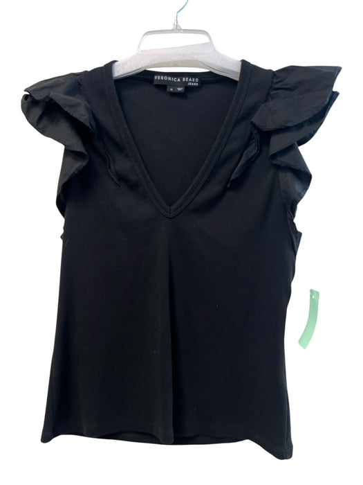 Veronica Beard Size Medium Black Pima Cotton Ribbed V Neck Ruffle Sleeveless Top Black / Medium
