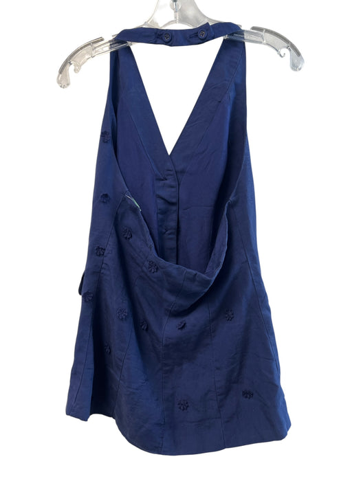 Maeve Size Small Navy Linen Blend Halter Front Buttons Flower Applique Top Navy / Small