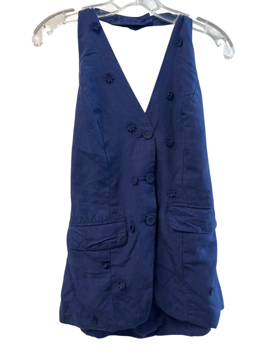 Maeve Size Small Navy Linen Blend Halter Front Buttons Flower Applique Top Navy / Small