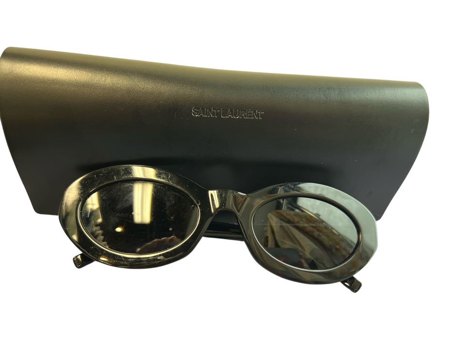 Yves Saint Laurent Black Acetate Oval Logo Thick Arms Sunglasses Black
