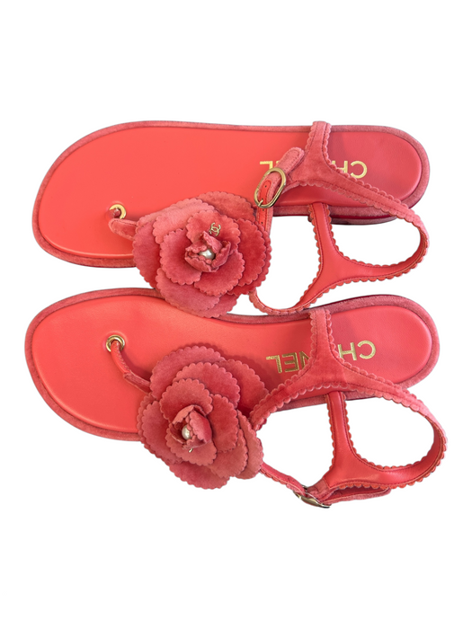 Chanel Shoe Size 39 Pink Velvet & Leather Thong Strap Flower Detail Flats Shoes Pink / 39