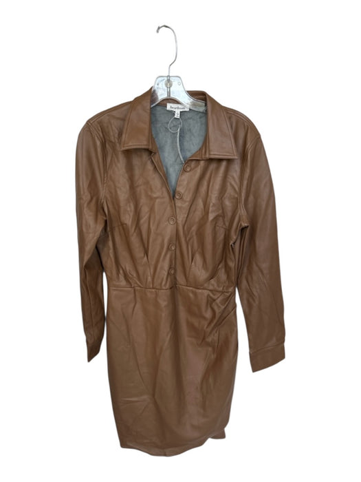 heartloom Size L Brown Vegan Leather Long Sleeve Half Button Down Mini Dress Brown / L