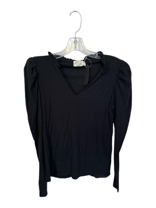 Nation Size M Black Pima Cotton Shoulder Pad Ruffles V Neck Top Black / M