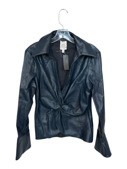 Cinq a Sept Size M Navy Vegan Leather Long Sleeve Front Twist Collar Top Navy / M