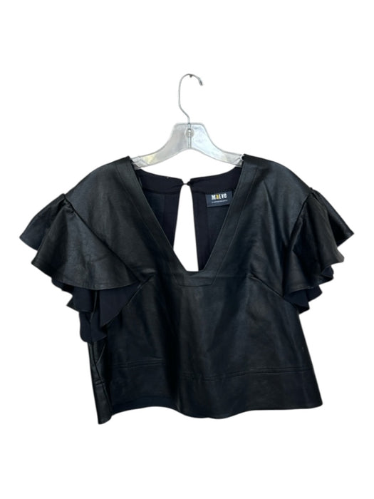 Maeve Size S Black Vegan Leather Flutter Cap sleeve V Neck Top Black / S