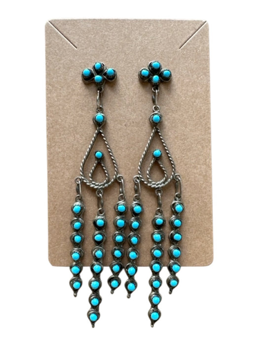 Silver & Turquoise Sterling Silver Stones Post Back Dangle Western Earrings Silver & Turquoise
