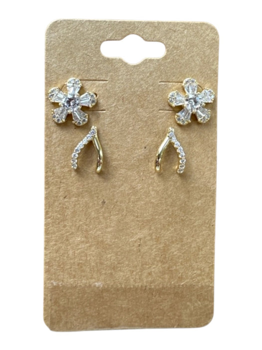 Gold Metal Rhinestone Post Back Set of 2 Earrings Gold