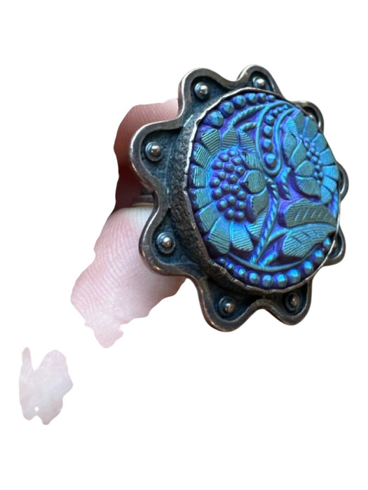 Sally Bass Silver & Blue Sterling Silver Flower Scallop Detail Handmade Ring Silver & Blue