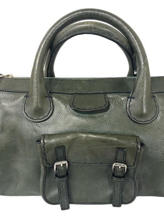 Chloe Dark Green Leather Zip Close Top Handles Front Pocket Bag Dark Green / Medium