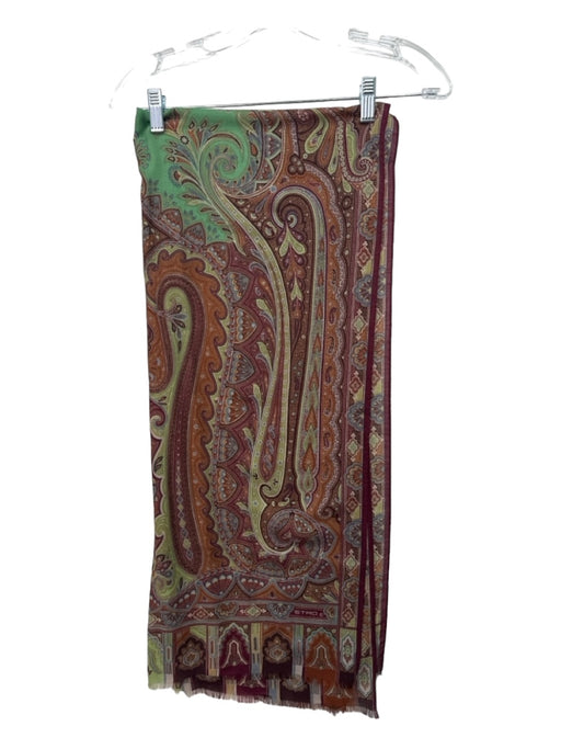 Etro Red Green Beige Wool & Silk Rectangle Fringe Hem Paisley Semi Sheer scarf Red Green Beige / One Size