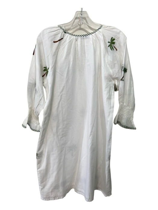 Bindu Size S White Green Brown Cotton Palm Tree V Neck Long Sleeve Shift Dress White Green Brown / S