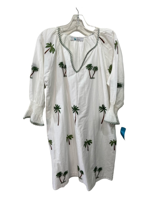 Bindu Size S White Green Brown Cotton Palm Tree V Neck Long Sleeve Shift Dress White Green Brown / S