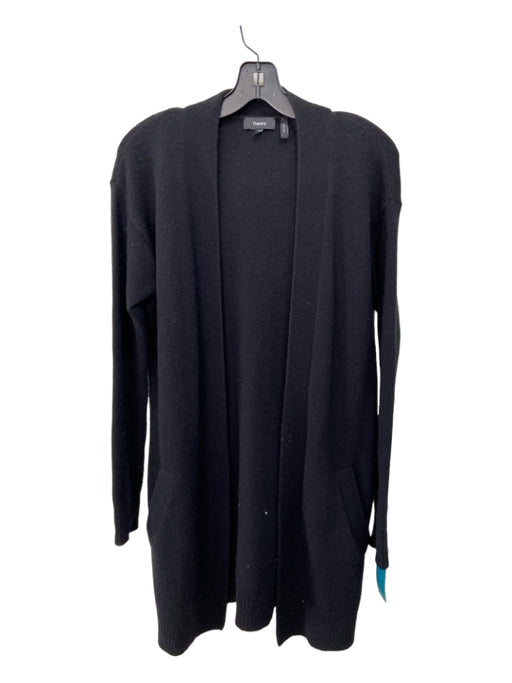 Theory Size S Black Cashmere Open Front Long Sleeve Pockets Ribbed Trim Cardigan Black / S