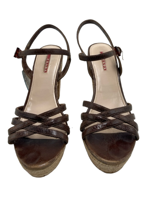 Prada Sport Shoe Size 40 Beige & Brown Leather open toe Strappy Cork Sole Pumps Beige & Brown / 40