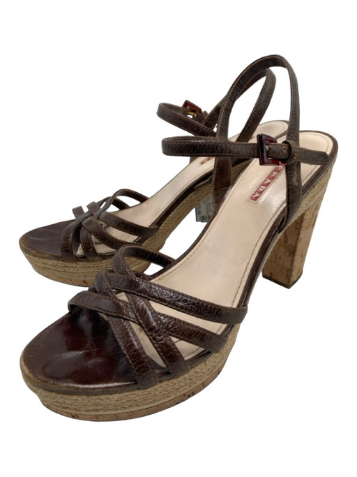 Prada Sport Shoe Size 40 Beige & Brown Leather open toe Strappy Cork Sole Pumps Beige & Brown / 40