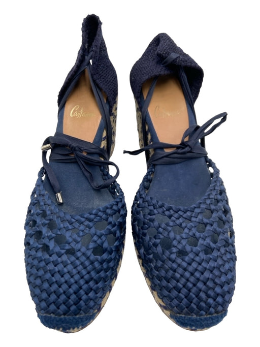 Castaner Shoe Size 40 Navy & Beige Raffia Woven Almond Toe Tie Ankle Wedges Navy & Beige / 40