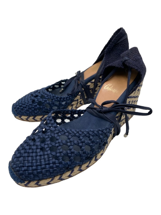 Castaner Shoe Size 40 Navy & Beige Raffia Woven Almond Toe Tie Ankle Wedges Navy & Beige / 40