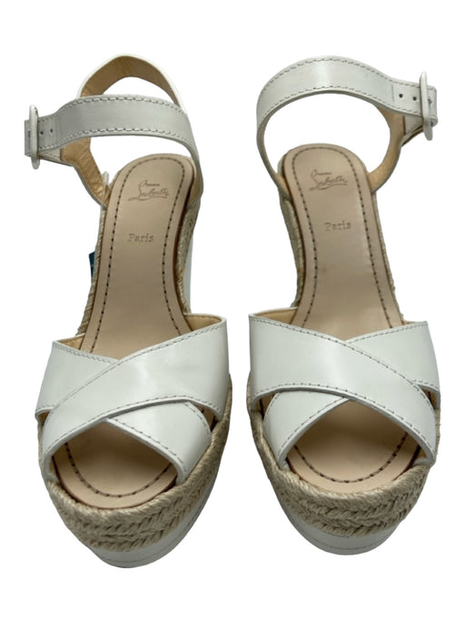 Christian Louboutin Shoe Size 39 White & Beige Leather Criss Cross Wedges White & Beige / 39