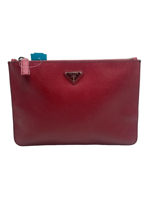 Prada Red Saffiano Leather Clutch Top Zip Logo Silver hardware Bag Red / S