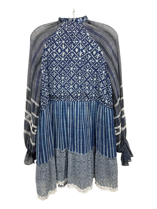 Hemant & Nandita Size M Blue & White Silk Block Printed Tie Dye Babydoll Dress Blue & White / M