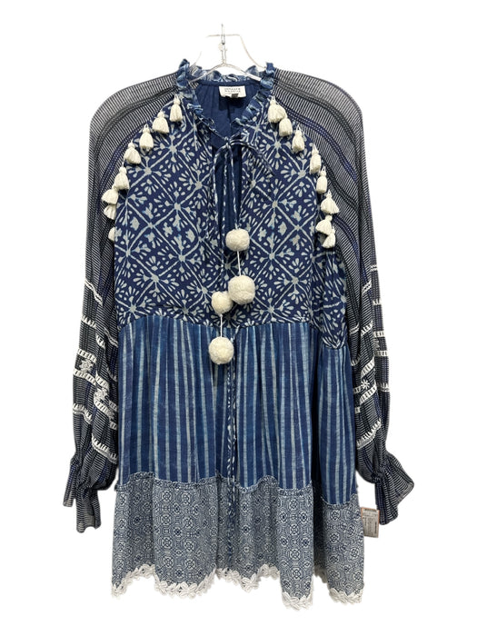 Hemant & Nandita Size M Blue & White Silk Block Printed Tie Dye Babydoll Dress Blue & White / M