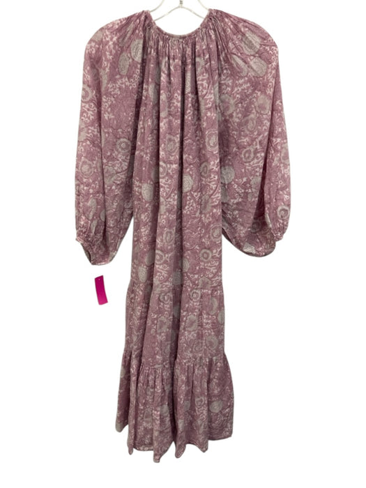 Cleobella Size XS Purple & White Cotton Long puff sleeve Floral Split Neck Dress Purple & White / XS