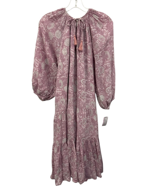 Cleobella Size XS Purple & White Cotton Long puff sleeve Floral Split Neck Dress Purple & White / XS