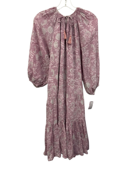 Cleobella Size XS Purple & White Cotton Long puff sleeve Floral Split Neck Dress Purple & White / XS
