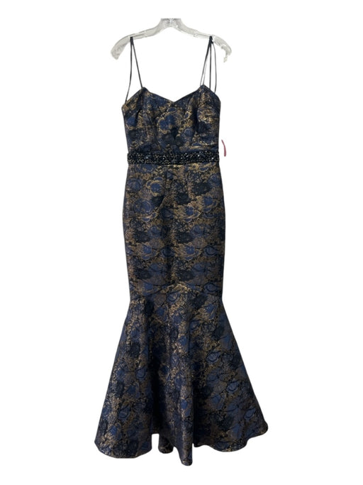 Mikael Aghal Size 4 navy & gold Polyester Floral Jacquard Strapless Tulle Gown navy & gold / 4