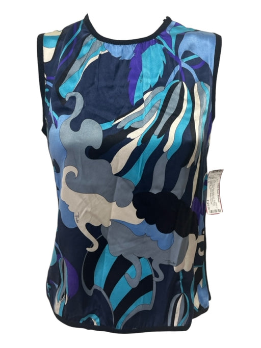 Emilio Pucci Size 6 Black Blue White Silk Abstract Round Neck Sleeveless Top Black Blue White / 6