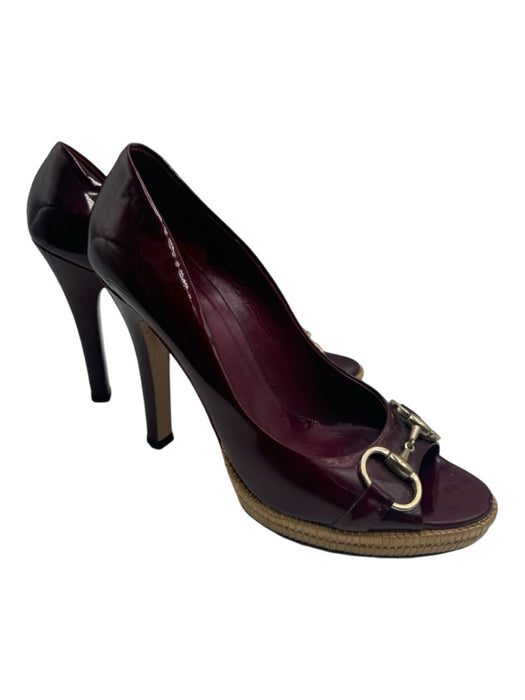 Gucci Shoe Size 8.5 Merlot Red Patent Leather open toe Horsebit Stiletto Pumps Merlot Red / 8.5