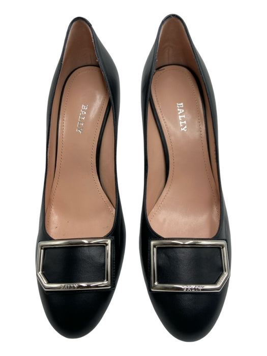 Bally Shoe Size 39.5 Black Leather Almond Toe Silver Buckle closed heel Pumps Black / 39.5