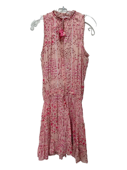 Poupette St. Barth Size S Pink Cotton Ruffle Neck Sleeveless Floral Dress Pink / S