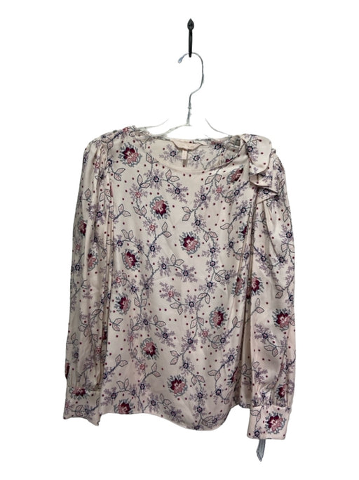 Rebecca Taylor Size 4 Pink & Navy Silk Blend Floral Round Neck Long Sleeve Top Pink & Navy / 4
