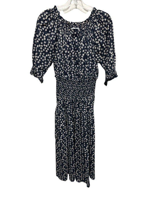 Apiece Apart Size XS Navy Blue & Beige Cotton Abstract Floral Off Shoulder Dress Navy Blue & Beige / XS