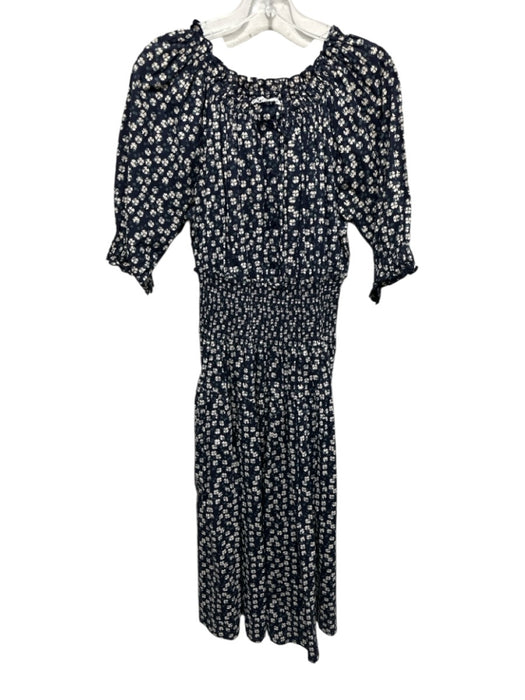 Apiece Apart Size XS Navy Blue & Beige Cotton Abstract Floral Off Shoulder Dress Navy Blue & Beige / XS