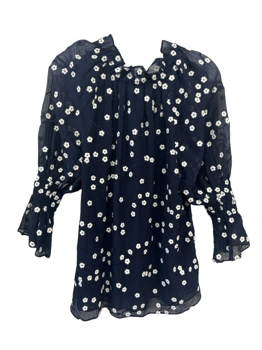 Rebecca Taylor Size XL Navy & white Cotton & Silk Floral Button Neck Ruffle Top Navy & white / XL