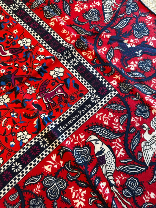 Hermes Red, White, Blue Cashmere & Silk Pasley Floral Print scarf