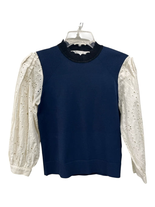 Veronica Beard Size S Navy blue & Cream Viscose Blend Puff Sleeves Crew Neck Top Navy blue & Cream / S