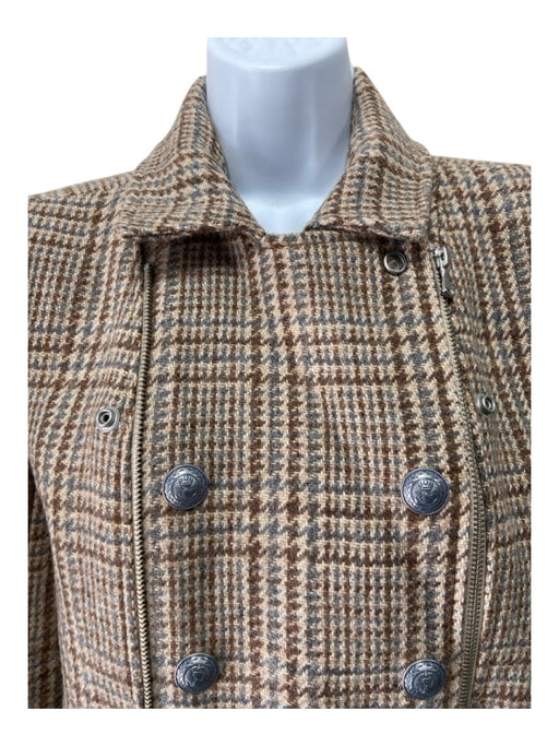 L'agence Size XS Brown & Blue Print Virgin Wool Plaid Double Breast Zip Jacket Brown & Blue Print / XS