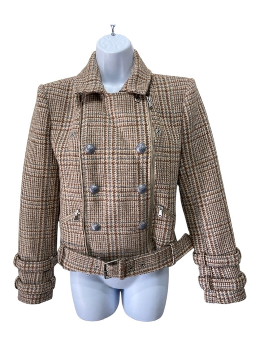 L'agence Size XS Brown & Blue Print Virgin Wool Plaid Double Breast Zip Jacket Brown & Blue Print / XS