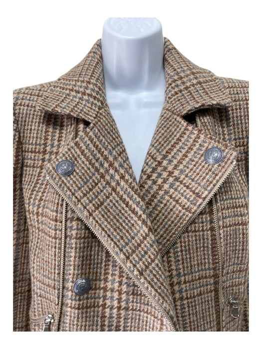 L'agence Size XS Brown & Blue Print Virgin Wool Plaid Double Breast Zip Jacket Brown & Blue Print / XS